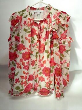 Floral Ruffle Long-Sleeve Blouse - Pink/Green
